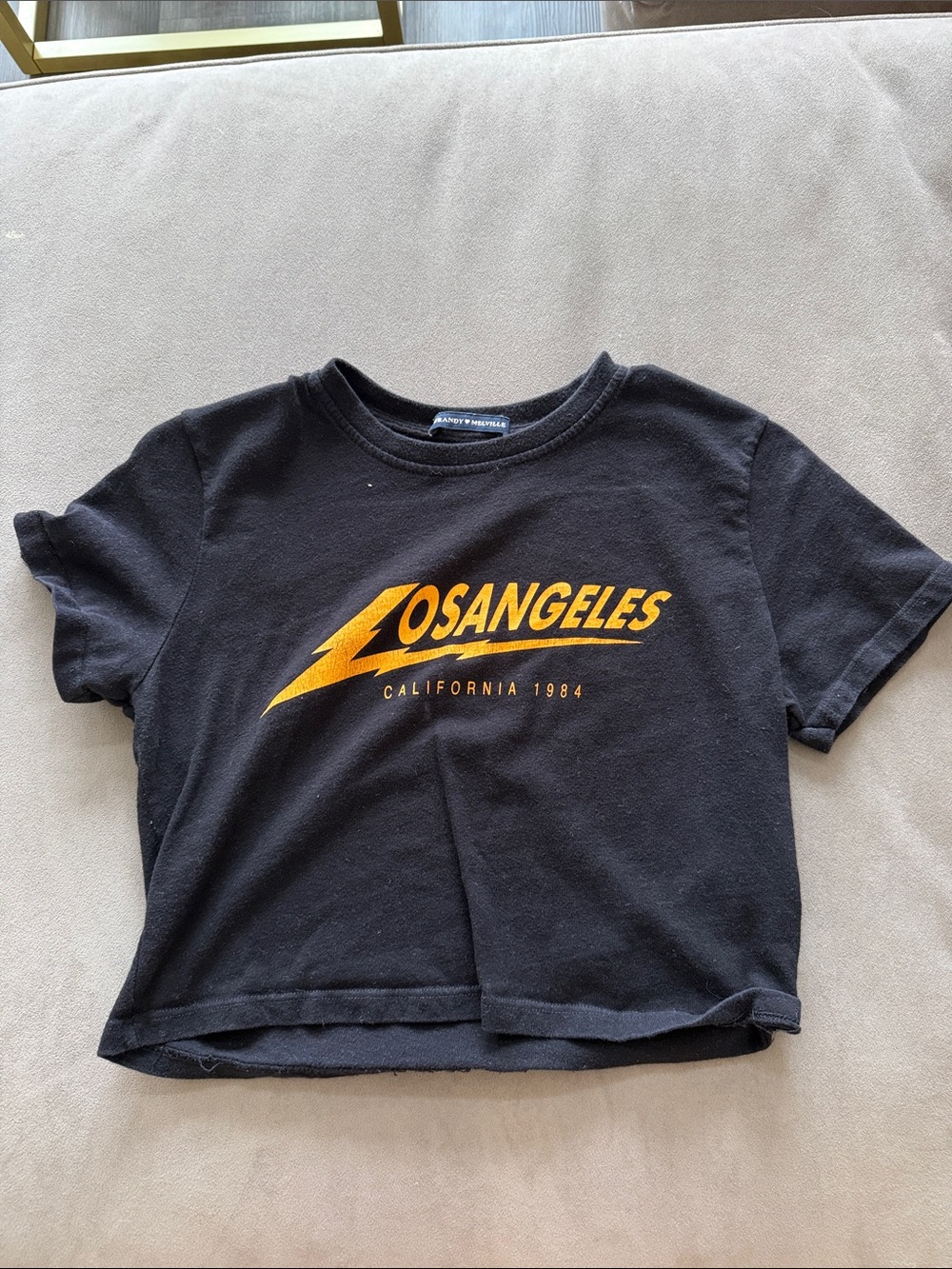 Brandy Melville Black Crop Tee with Yellow Los Angeles Lightning